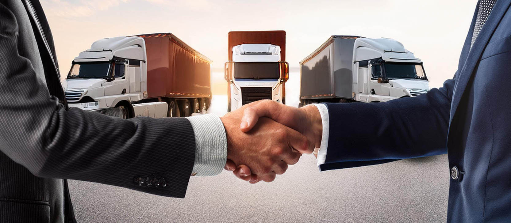 Handshake in front of trucks